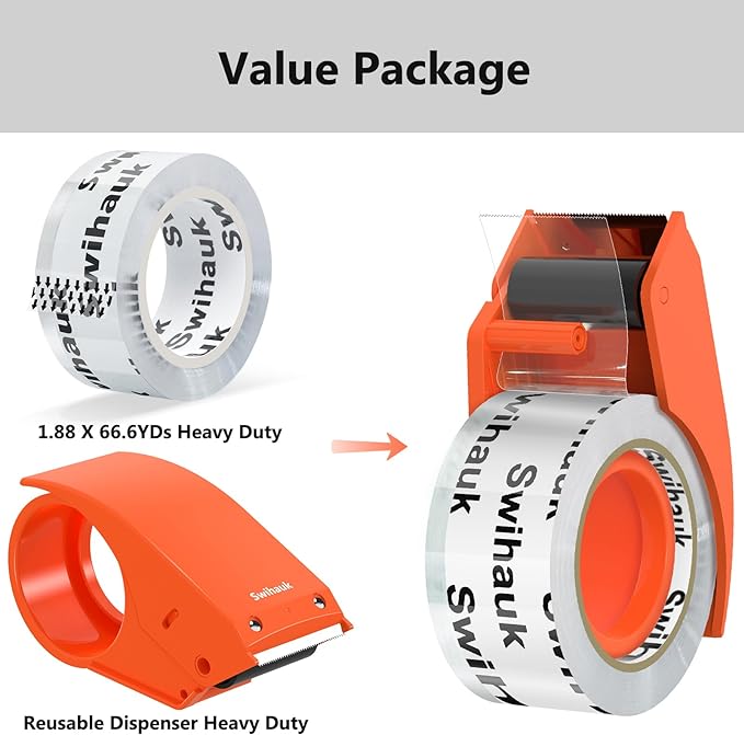 1.88 in x 66.6 YDs Clear Heavy Duty Packing Tape with Dispenser, Strong & Durable Shipping Tape, Packaging Tape, Packing Tape Dispenser for Packing Boxes, Moving Supplies, Shipping and Mailing