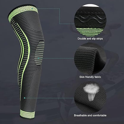 2 Pack Full Leg Compression Sleeves, Long Knee Brace Support for ACL,PCL, Meniscus Tear, Arthritis, Tendinitis, Joint Pain Relief, Men And Women (Green, Small)