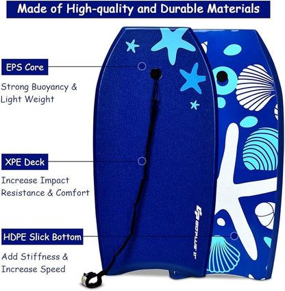 Goplus 41''/37''/33'' Lightweight Body Board for Beach, Surf Board with EPS Core, XPE Deck, HDPE Slick Bottom, Wrist Leash, Bodyboard for Kids Adults Surfing