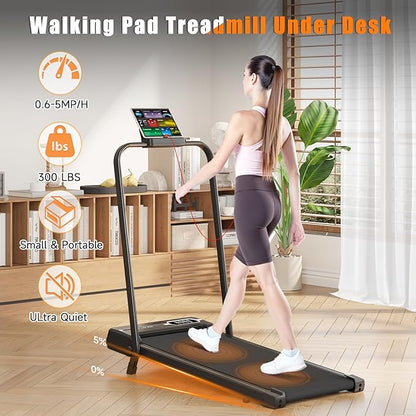 Incline Walking Pad with Handle Bar, Folding Treadmill Foldable Portable Under Desk for Home Office, Ultra Quiet <45dB, Safety Lock, 300+ LB Capacity