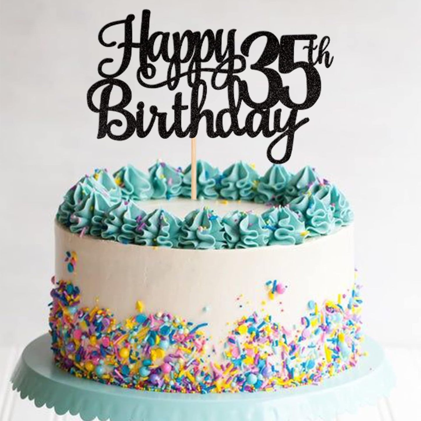 1 PCS Happy 35th Birthday Cake Topper Glitter Cheers to 35 Years Birthday Cake Pick 35 Fabulous Cake Decoration for Happy 35th Birthday Theme Party Decorations Supplies Black