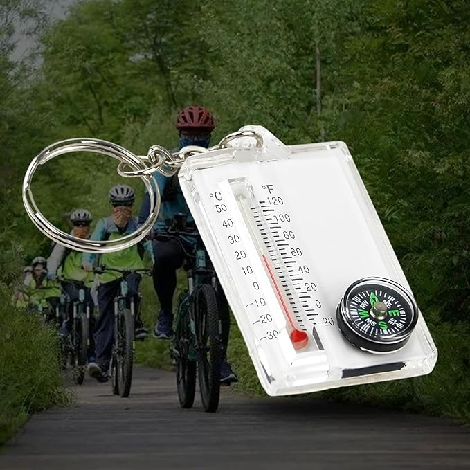 1Pc White Small Compasses Thermometer Keychain