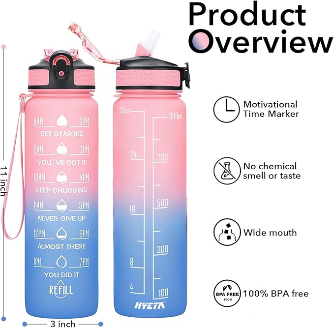 Hyeta 32 oz Water Bottles with Times to Drink and Straw, Motivational Water Bottle with Time Marker, Leakproof, Drinking Sports Water Bottle for Fitness, Gym and Outdoor