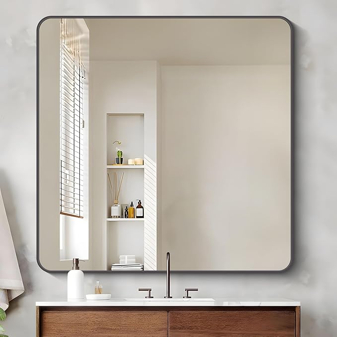 39" x 39"Bathroom Mirror, Matte Black Wall Mirror with Metal Frame, Decorative Rectangular Vanity Mirror for Bedroom Bathroom Living Room Entryway (Horizontal/Vertical)