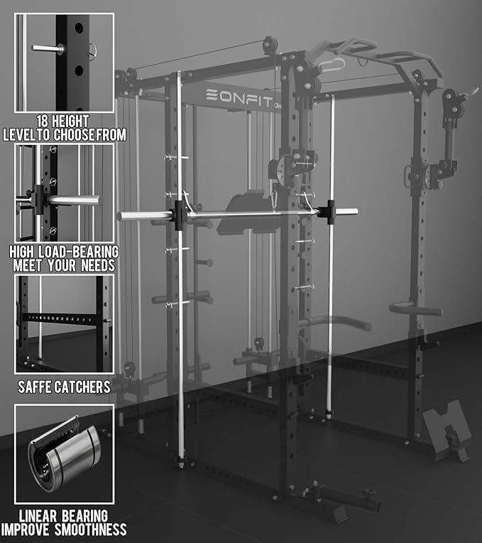 Eonfit E5 Smith Machine with Vertical Leg Press, Power Cage Squat Rack with LAT-Pull Down Cable Crossover Rotating Arms System Home Gym Equipment All in One (E5 RED)