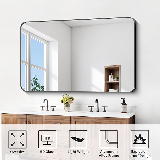 FORBATH Large Bathroom Mirror 60x36 Inches, Black Oversized Wall Mirror for 2 Sinks Aluminum Frame Wall Mounted Rounded Corner Morndern Mirror for Bathroom Bedroom Entryway Living Room