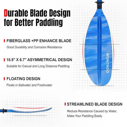 Kayak Paddle with Aluminum Shaft and Reinforced PP Blade, Floating Kayak Oar for Kayaking Canoeing and Boating, 220 cm/86 inches - 230 cm/90 inches