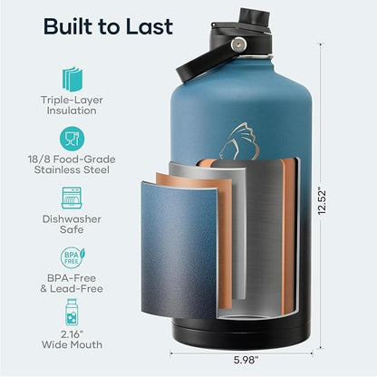 BUZIO 1 Gallon Water Bottle Insulated with Straw Lid, 128oz Large Water Jug Stainless Steel Metal Vacuum Water Flask Leak Proof 18/8 Food Grade Thermo Mug Keep Cold 48H & Hot 24H, Indigo Crush
