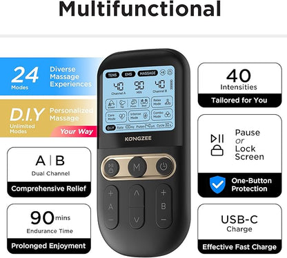 4 in 1 - D.I.Y & Tens Unit & EMS & Massage Muscle Stimulator, Dual Channel TENS Units Therapy Machine for Pain Relief, FDA Cleared Rechargeable Electronic Pulse Massager,with 12pcs Electrode Pads