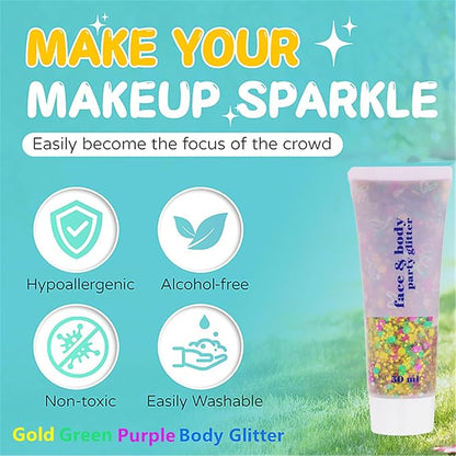 Go Ho Face Body Glitter Gel,Mardi Gras Outfit for Women and Kids,Sparkly Holographic Party Festival Rave Mardi Gras Accessories for Carnival,Gold Green Purple Chunky Glitter Makeup,52g