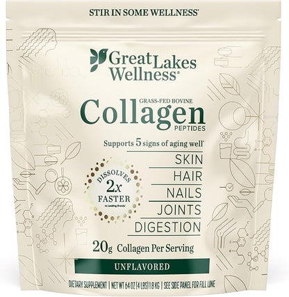 Great Lakes Wellness Collagen Peptides Powder for Skin, Hair, Nails, Joints & Digestion - Unflavored - Quick Dissolve Hydrolyzed, Non-GMO, Keto, Kosher - 4 lb. Value Pouch