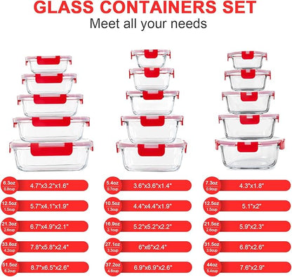 30 Pieces Glass Food Storage Containers Set, Glass Meal Prep Containers Set with Snap Locking Lids, Airtight Glass Lunch Containers, Microwave, Oven, Freezer & Dishwasher, Red