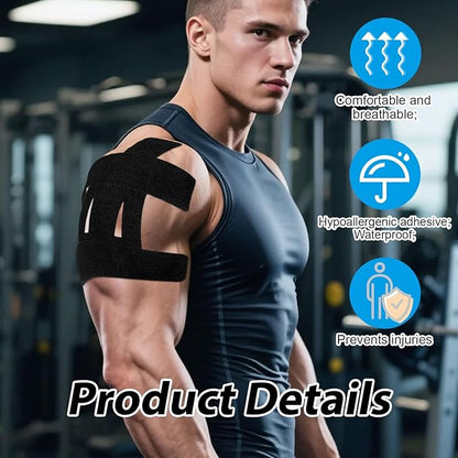 10pcs Kinesiology Tape for Shoulder, Waterproof Muscle Tape Precut Strips Breathable Elastic Pre Cut Athletic Accessories for Body Fitness Shoulder Support Sports & Physical Relaxation (Black)