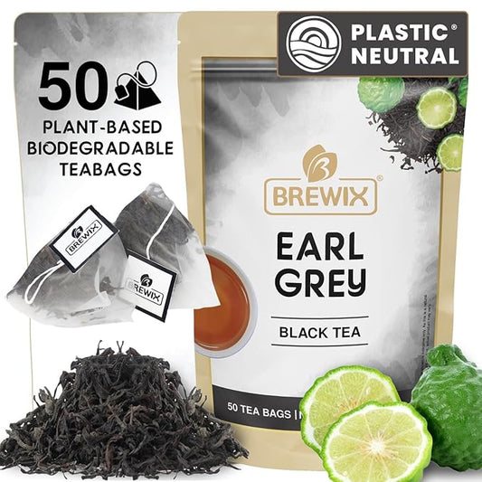 BREWIX, Earl Grey Black Tea Bags (50 Pyramid Bags) Bold & Aromatic Tea with Bergamot | Gluten Free, Energizing & Caffeinated | Sugar-Free, High Caffeine | Gourmet Tea