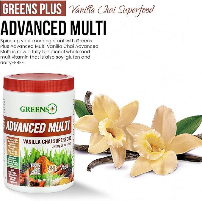 Greens+ Advanced Multi Vanilla Chai Superfood Powder, Organic Healthy Blend for Morning Vitality, Nutrition, Vibrant Health, Dietary Supplement, Vitamins Minerals, Vegan, Soy/Dairy/Gluten Free(9.4oz)