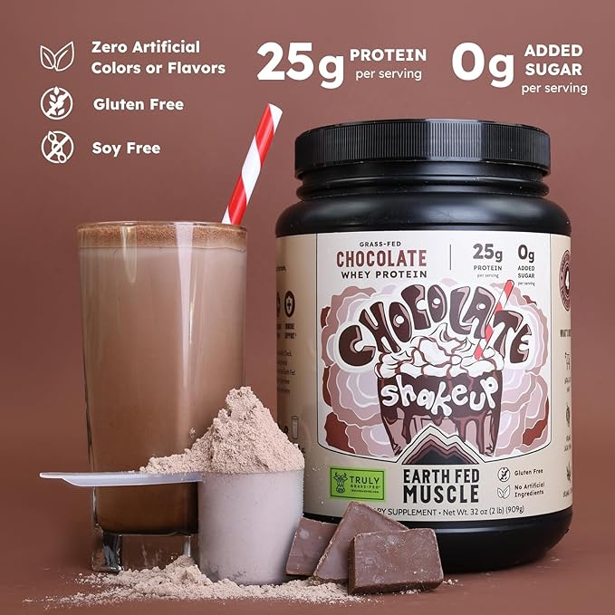 Earth Fed Muscle Chocolate Shakeup Truly Grass Fed Whey Protein Isolate NSF-Certified. No Artificial Ingredients, Soy Free, Gluten Free, Non-GMO and Hormone Free (2 Pound, 29 Servings, Chocolate)