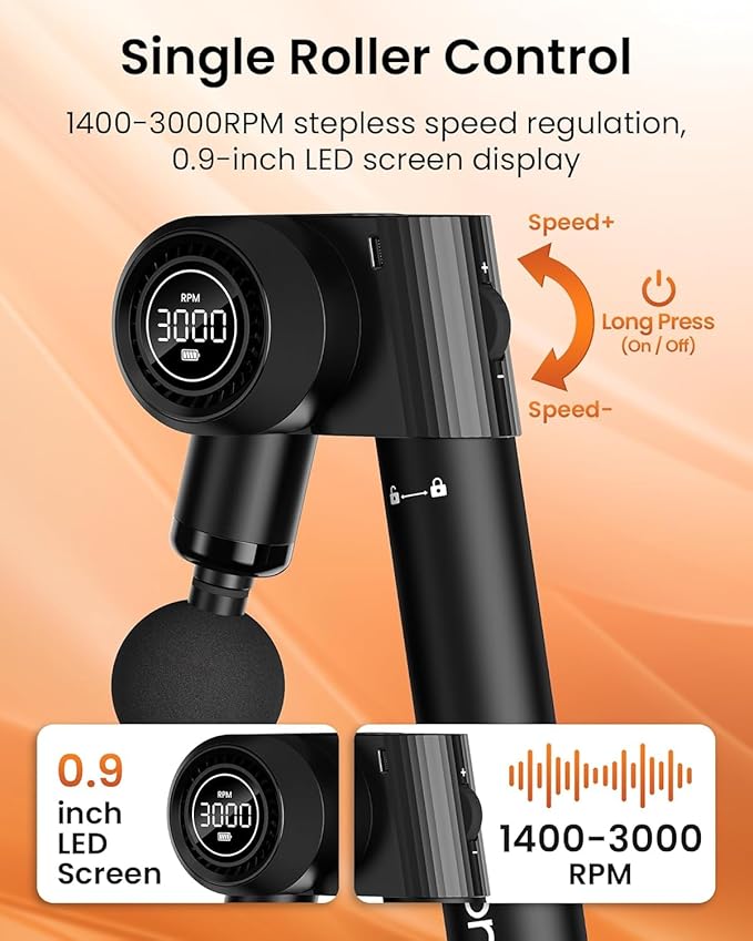 Foldable Massage Gun Deep Tissue with 5 Adjustable Angles,Portable Percussion Back Massager for Muscle/Neck/Body Pain Relief with Long Extension Metal Handle,32-Speeds,with Carry Case