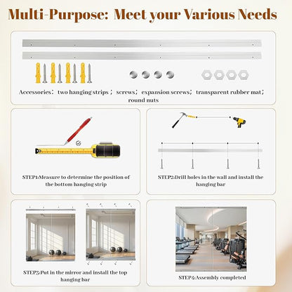 Home Gym Mirror - 2 PCS 28×55 inches, Large Frameless Wall Mounted Full Length Body Mirror for Dancing Studio, Exercise, Fineness, Yoga, Tempered Glass