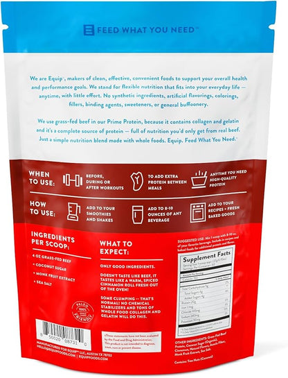 Equip Foods Prime Protein Powder | Clean, Grass Fed Beef Protein Powder for Women & Men | Carnivore Protein Isolate | Paleo, Keto Friendly | Gluten, Dairy Free | 30 Servings, Cinnamon Roll