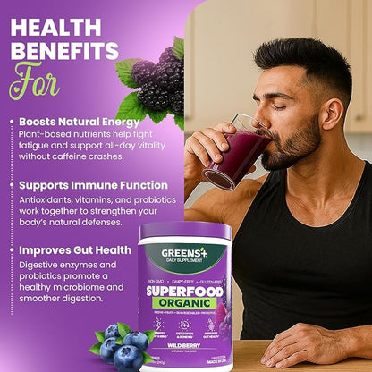 Greens+ Organic Wild Berry Superfood Powder, Antioxidant Polyphenol, Blend for Morning Kick, Energy, Vitality Boost, Nutrition, Vibrant Health, Dietary Supplement, Vegan Soy/Dairy/Gluten Free(8.46oz)
