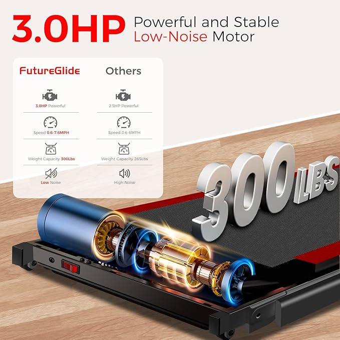 Portable Treadmill with Handle, 3.0HP Walking Pad Treadmill, Electric Compact Treadmills,Treadmills for Home Small Space with 12 Preset Programs, Walking Pad with Handle,300 LBS Capacity(Black Red)