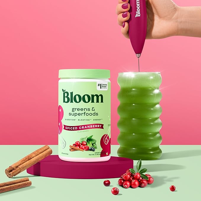 Bloom Nutrition Superfood Greens Powder, Digestive Enzymes with Probiotics and Prebiotics, Gut Health, Bloating Relief for Women, Chlorella, Green Juice Mix with Beet Root, 25 SVG, Spiced Cranberry