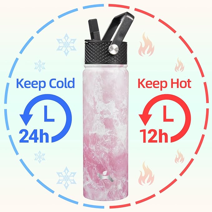22oz Stainless Steel Bottles with 3 Lids Sport Insulated Water Bottle,Marble Blossom