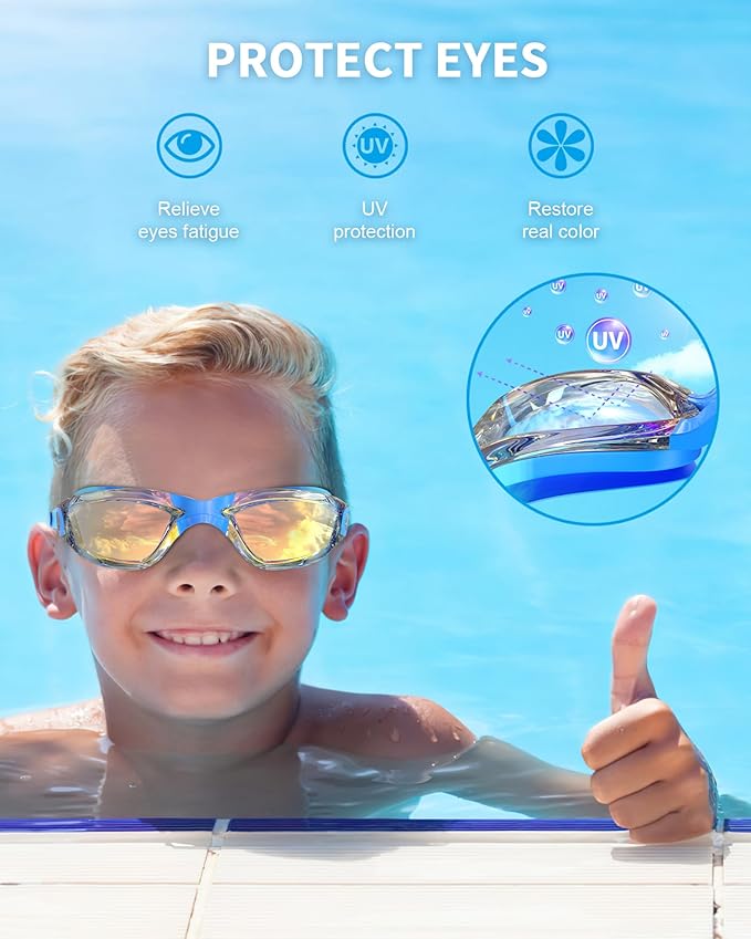 Kids Swim Goggles, Swimming Goggles for Kids with Nose Clip, Earplugs, Nose Bridge for Age 3-15