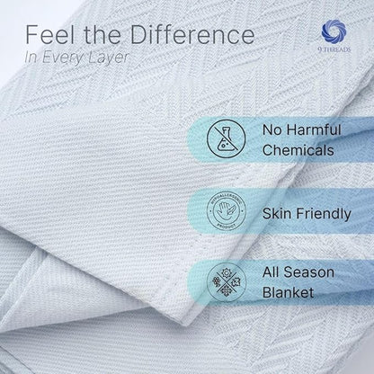 100% Cotton Herringbone Weave Blankets, 90"X90" Queen, Throw Blanket for Bed,All Season Cotton Blanket, Cozy Blanket,Throws Bed Blanket,Throw Blanket for Couch,Modern Home Decor -Light Blue