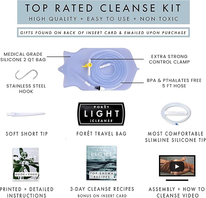 Foret Premium Enema Kit Non-Toxic Silicone Tip, Bag & Eco Detox Gift | Most Comfortable Colon Cleanse | Gerson Therapy Colonics Recommended | BPA & Phthalates Free |Clamp| Easy Instructions | Slim Tip