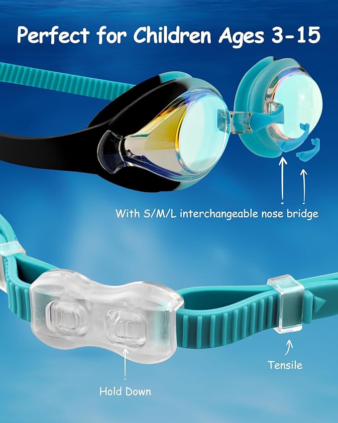 Kids Swim Goggles, Anti-fog and UV Protection with Swim Cap for Age 3-15 Youth Boys Girls Toddler