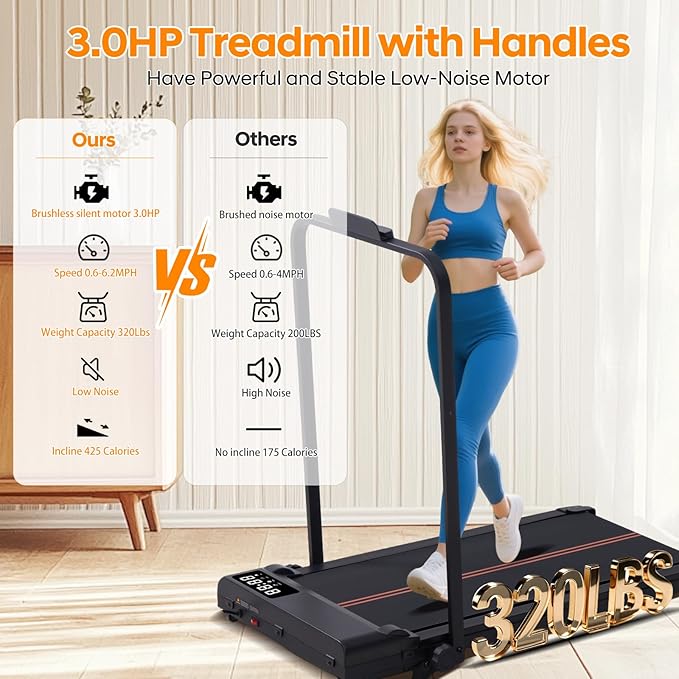 Walking Pad with Handle Bar and Incline, 3.0HP Portable Small Treadmills with Handles for Home Small Spaces, 0.6-6.2MPH Electric Compact Walking Pads Treadmills with Incline, 320LB Capacity