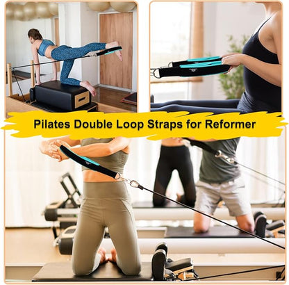 1 Pair Enhanced Pilates Double Loop Straps for Reformer, Thickened D-Ring Handle Straps, Yoga Exercise Accessories in 2 Lengths and Multicolor for Home Gym Workout