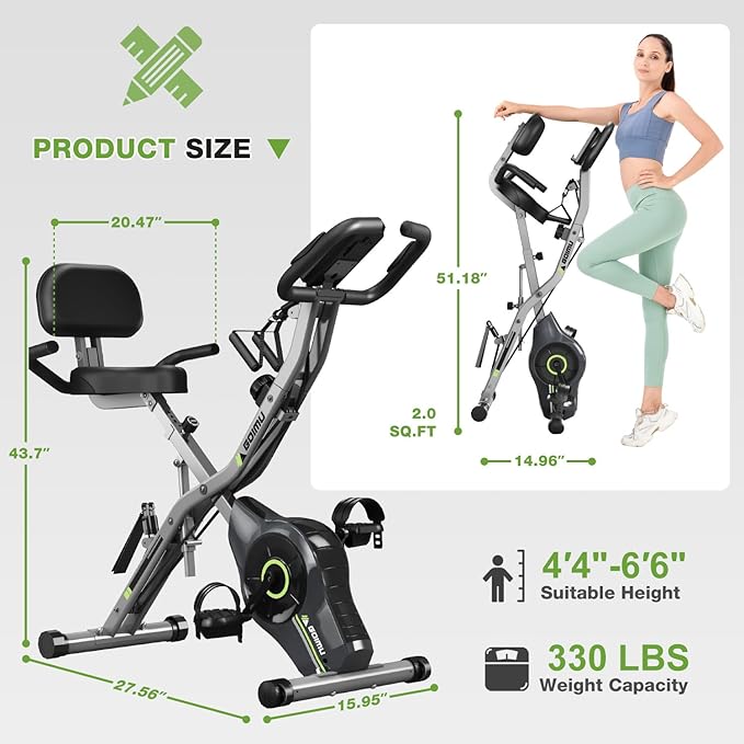 Exercise Bike, 5 in 1 Foldable Stationary Bike for Seniors, 16-Level Adjustable Magentic Resistance, Indoor Workout Bike with 330LB Capacity, Comfortable Seat Backrest X-bike