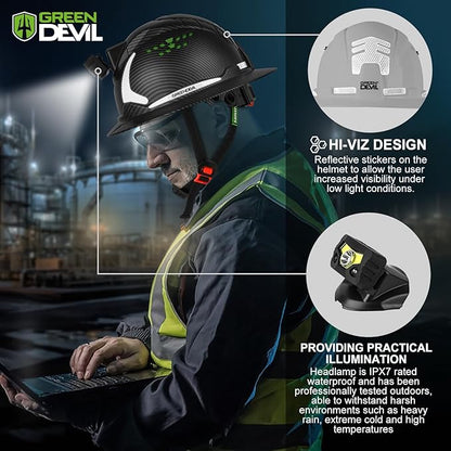 GREEN DEVIL Matrix Full Brim Hard Hat with Headlight Vented Construction Safety Helmet OSHA Approved Cascos De Construccion Work Hardhat for Men&Women