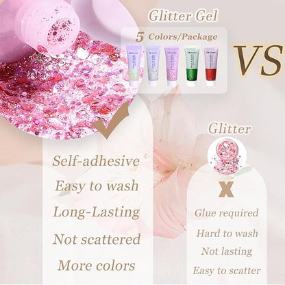 Face Body Glitter, Hair Glitter Sparkles Chunky Face Glitter Gel for Girls Makeup Singer Concerts Mermaid Festival Sequins Face Paint (White+Silver+Pink+Red+Green)