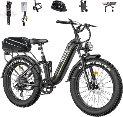 FREESKY Electric Bike for Adults,105mile Long Range Ebike, 2000W Motor 37MPH Fast Step-Thru E Bike 25Ah Samsung Cells Battery Full Suspension Electric Dirt Bicycle 26'' Fat Tire for Commuter Mountains