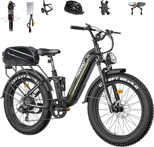 FREESKY Electric Bike for Adults,105mile Long Range Ebike, 2000W Motor 37MPH Fast Step-Thru E Bike 25Ah Samsung Cells Battery Full Suspension Electric Dirt Bicycle 26'' Fat Tire for Commuter Mountains