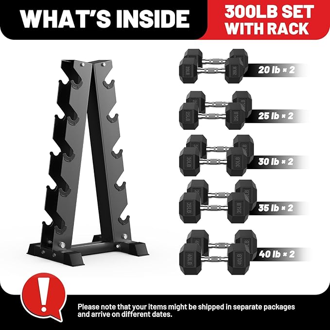 PAPABABE Hex Dumbbell Sets with Rack, 60-550lb Rubber Coated Dumbbell Weight Set and Storage Rack, Multiple Options Hand Weights for Strength Training