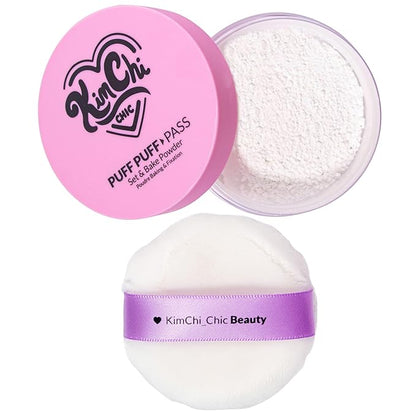 Kimchi Chic Beauty Puff Puff Pass Set and Bake Setting Powder for Makeup, Extra Fluffy Loose Face Powder Poof, Soft Natural Face Makeup for Uneven Skin Tone, 01 Ivander