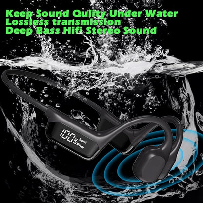 HAO Swimming Headphones True Bone Conduction Open Ear Headset MP3 Player Built-in 32G Memory IP68 Underwater Waterproof Stereo Bluetooth Earphone for Driving Bicycling Running Skiing