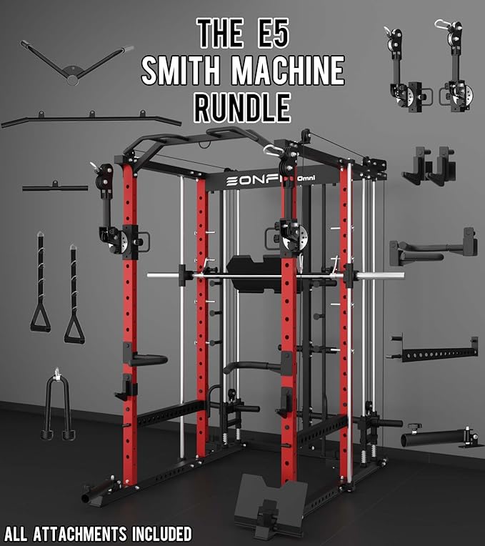 Eonfit E5 Smith Machine with Vertical Leg Press, Power Cage Squat Rack with LAT-Pull Down Cable Crossover Rotating Arms System Home Gym Equipment All in One (E5 RED)