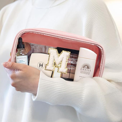 Large Personalized Initial Letter Clear Makeup Bag, Nylon Preppy Patch Makeup Bag Chenille Letter A-Z TSA Approved Travel Toiletry Bag Cute Zipper Makeup Organizer for Women Men (Pink, M)