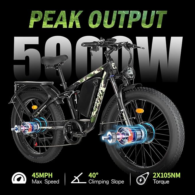 Electric Bike for Adults, 5000W Peak Dual Motor Ebike, 60V 26AH Long Range Dirtbike, 26" Fat Tires for All Terrain Electric-Bicycle, 45MPH-Hunting-Ebike for Off-Road Snow Sand