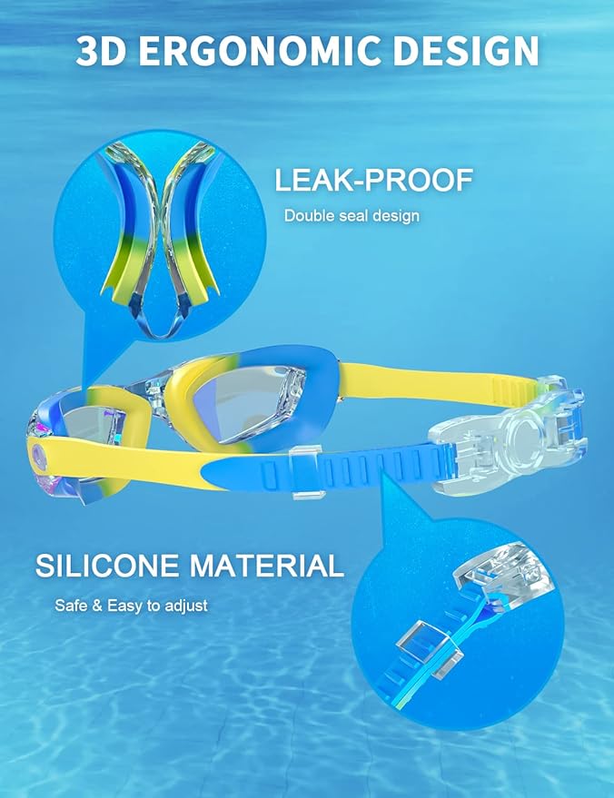 Kids Swim Goggles, Swimming Goggles for Kids with Nose Clip, Earplugs, Nose Bridge for Age 3-15