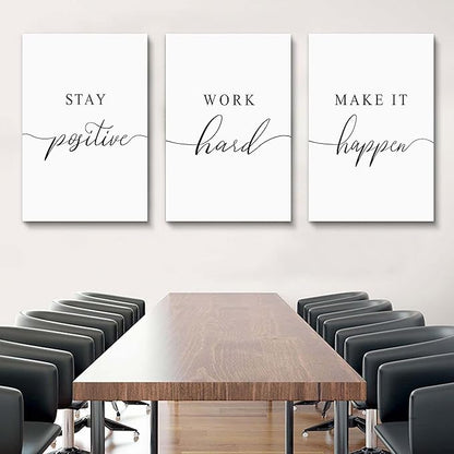 Framed Canvas Wall Art Positive Quotes Painting, Office Wall Art, white Large Poster, Positive Motivational Set of 3 Prints, work hard letters, Inspirational Wall Decor Prints (G-3pcs,24x36inchx3pcs)