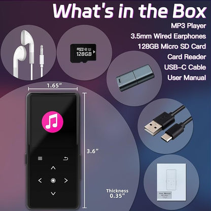128GB MP3 Player with Bluetooth, Portable Music Player with Built-in Speaker, Enjoying Your Digital Music and Audiobooks Anytime,Includes FM Radio,Recorder,E-Book,and Comes with Earphones