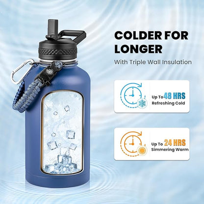 Insulated Water Bottle 64 oz, Triple Wall Vacuum Stainless Steel (Cold for 48 Hrs), Leak Proof & Non-BPA, Half Gallon Water Flask Jug with Paracord Handle & Straw Spout Lids, Navy Blue