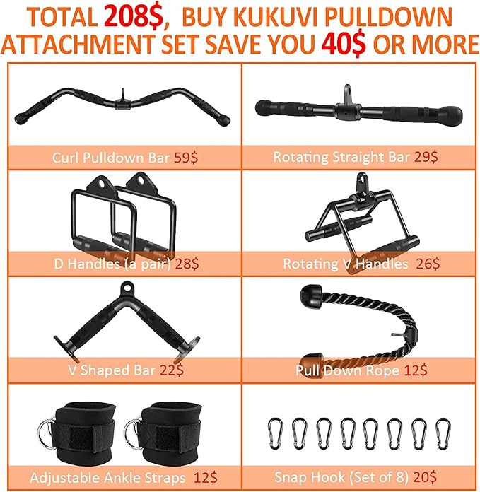 LAT Pulldown Bar Attachments, Cable Machine Accessories for Home Gym, Triceps Rope Pull Down Equipment Weight Fitness & Power Exercise Set for Arm Strength Workout Training
