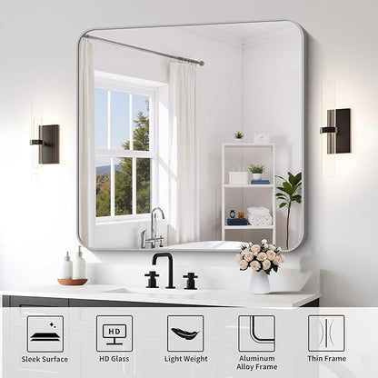 FORBATH 42x42 Inch Silver Bathroom Mirror for Over Sink, Large Square Wall Mirror with Metal Frame, Rounded Corners for Bathroom, Bedroom, Entryway Decor (Horizontal or Vertical)
